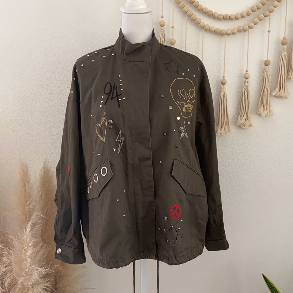 H&M embroidered army jacket green studded embellished parka fall grunge vibes 6 - Picture 6 of 16